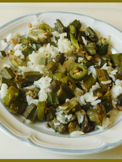 A picture of Rice with Bhindi (Okra)  Stir fry.