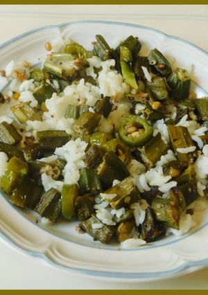 A picture of Rice with Bhindi (Okra)  Stir fry.