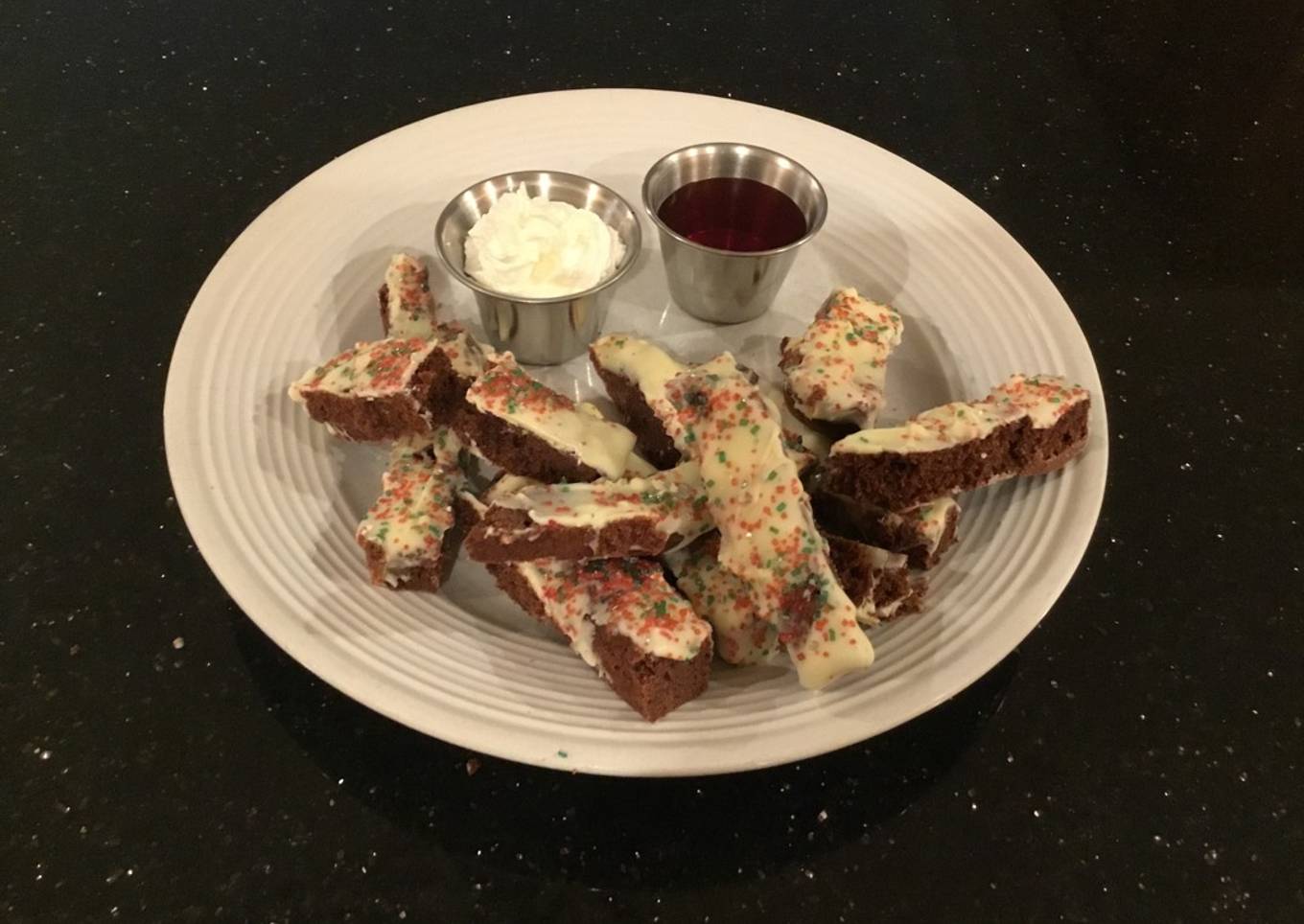 Brownie Fries with Fresh Strawberry Sauce and Whipped Creamy