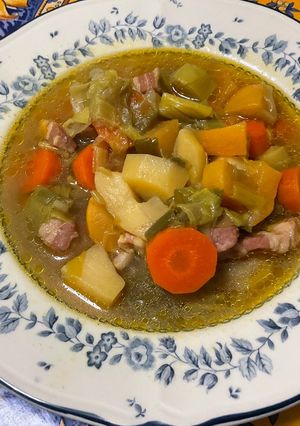 A picture of Vegetable and Bacon Soup with Spices.