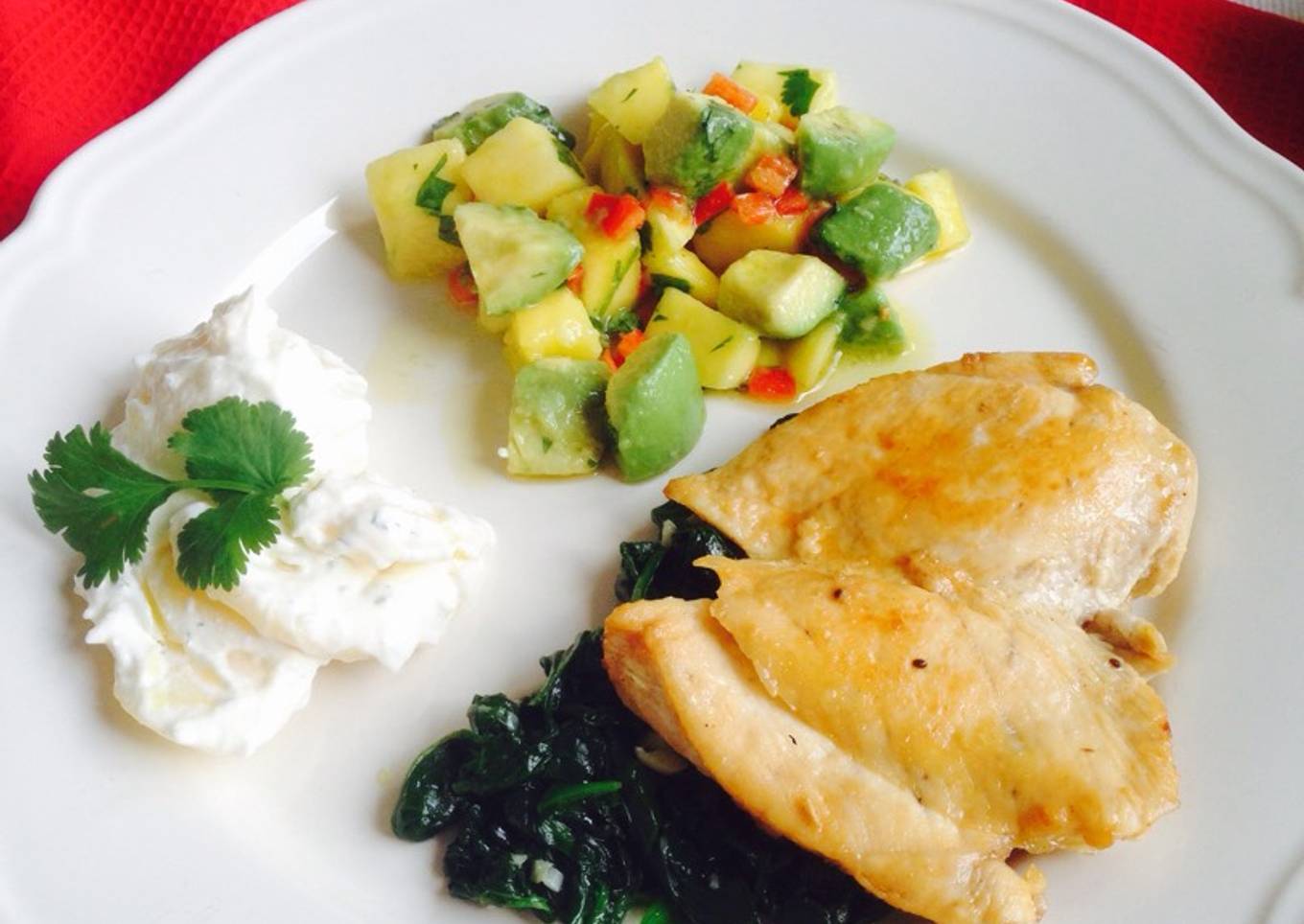 Lemon&honey glazed chicken with mango&avocado salsa, saute spinach& creamy potato
