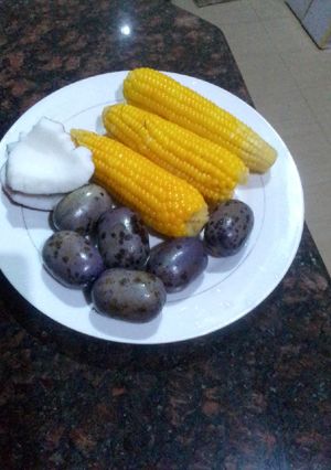 A picture of Boiled corn, pear and coconut.