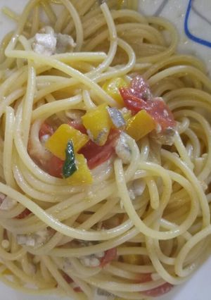 A picture of Spaghetti alla pescatora povera. Poor fisherman's spaghetti.