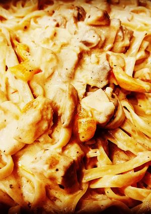 A picture of Leftover Salmon-Mushroom Fettuccine Alfredo.