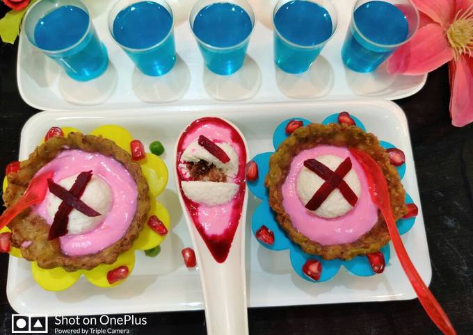 Recipe of Thomas Keller Pan Stuffed Sandesh floating on Shrikhand in Mutter Basket