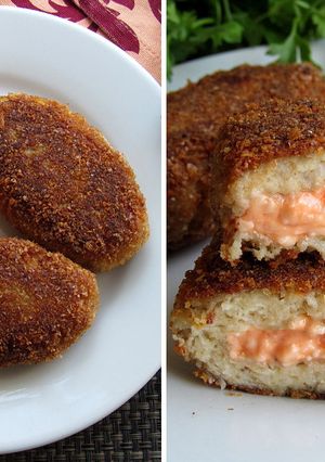 Фото Рыбные котлеты с начинкой из творожного сыра и икры мойвы.