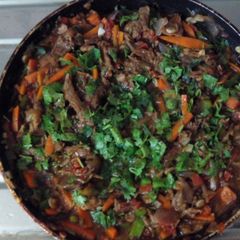 A picture of Chilli sliced Beef Mushroom In Red Pepper sauce.