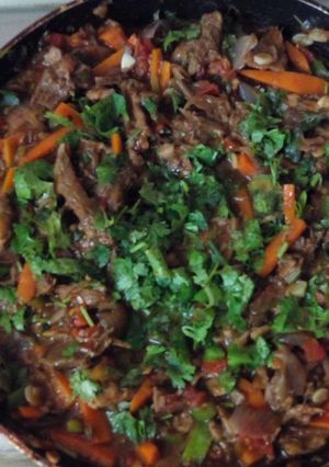 A picture of Chilli sliced Beef Mushroom In Red Pepper sauce.