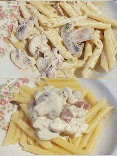 Foto resep Pasta penne/macaroni saus cream udang+sosis+jamur kancing