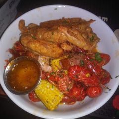 A picture of Soft Shell Crab with Crawfish and Smoked Sausage.