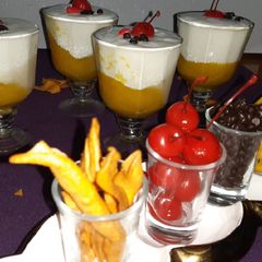 Mango lychee panna cotta A picture of Mango lychee panna cotta.