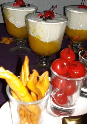 A picture of Mango lychee panna cotta.
