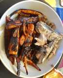 Boniatos asados con sardinas y lentejas