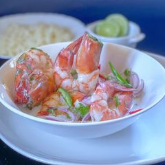A picture of Pink salt cured Shrimp with tender coconut ceviche.