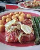 Merluza Austral al horno en cama de Espárragos