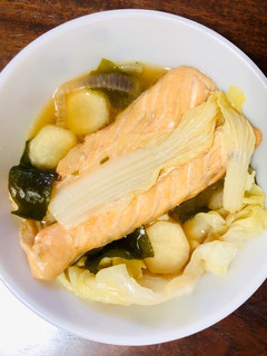 A picture of Salmon Belly in Japanese Miso Broth.