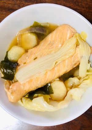A picture of Salmon Belly in Japanese Miso Broth.