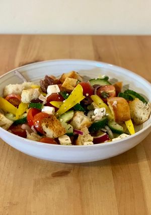 A picture of Greek Panzanella Salad.