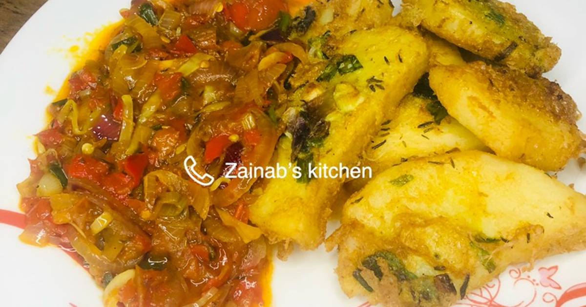 Golden yam fried in egg with sauce🍽 Recipe by Zainab’s kitchen ️ Cookpad