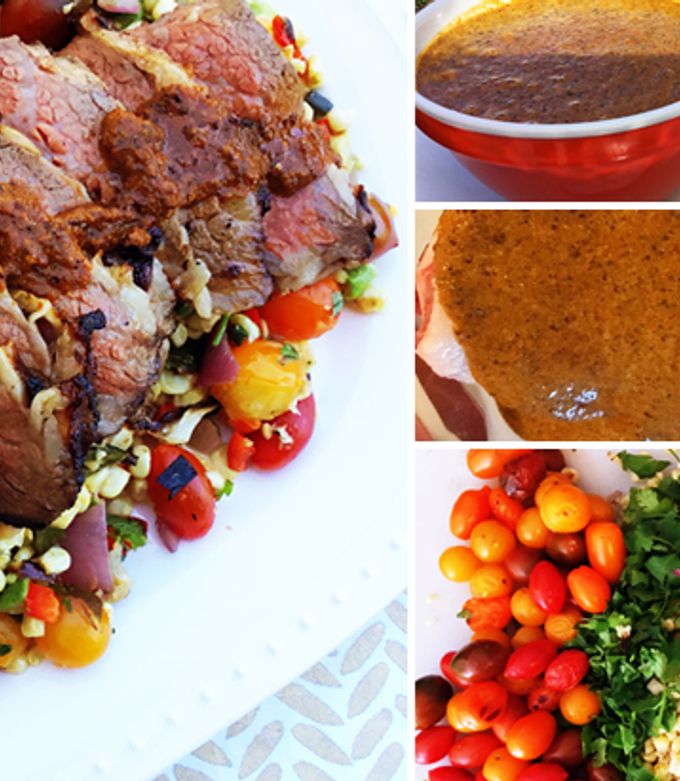 A picture of Ancho Chile and Orange Marinated Fullblood Wagyu Beef Rib Lifter with a Grilled Corn Salad.