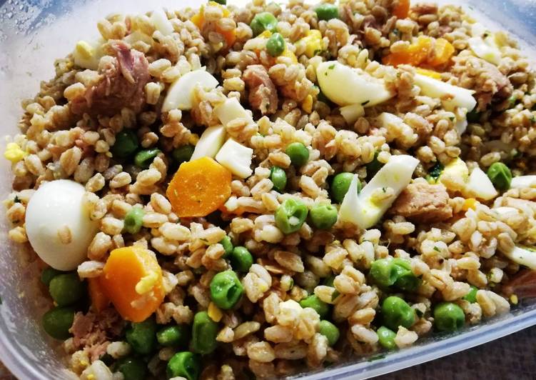 Insalatona di farro con verdure, tonno e uova sode