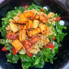 Crispy haloumi pearl couscous salad A picture of Crispy haloumi pearl couscous salad.