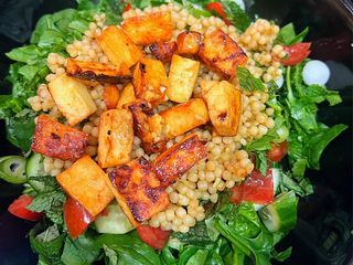 Crispy haloumi pearl couscous salad