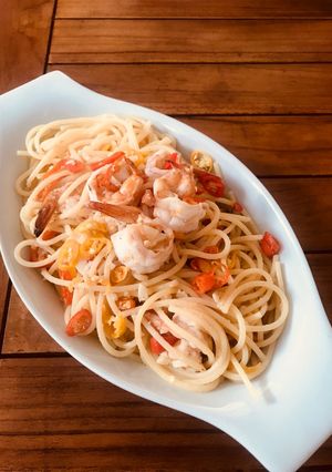 Foto resep Spaggethi Aglio Olio topping Udang