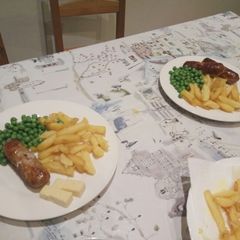 A picture of Sausage, Chips and Green Pea.