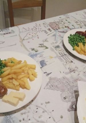 A picture of Sausage, Chips and Green Pea.
