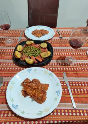 A picture of #ExperimentalCooking -Chicken Chop and Roasted Veggies.