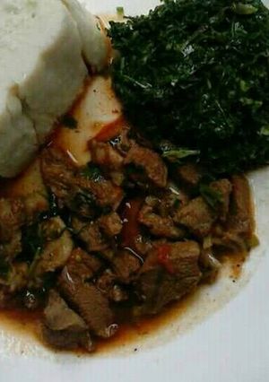 A picture of Wet Fried Meat with kales.