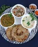 Gujarati thali: Jowar rotla with baigan bharta, pulav and kadhi