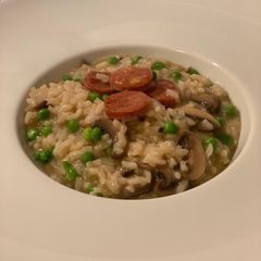 A picture of Chrorizo, Pea and Parmesan Risotto.