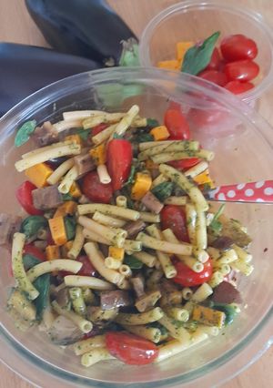 A picture of Leftover pasta salad.