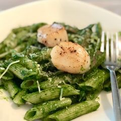 A picture of Spinach penne with panfried scallop.