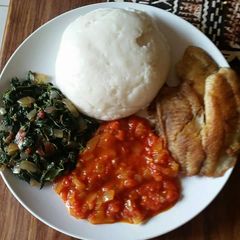 A picture of Deep fried Fish Fillet,suluma wiki and tomato soup.