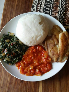 A picture of Deep fried Fish Fillet,suluma wiki and tomato soup.