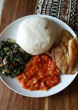 A picture of Deep fried Fish Fillet,suluma wiki and tomato soup.