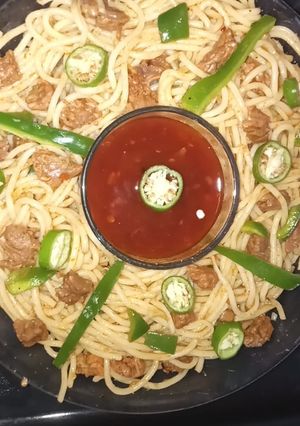 A picture of Beef chilli noodles🍜بیف چلی نوڈلز🍜.
