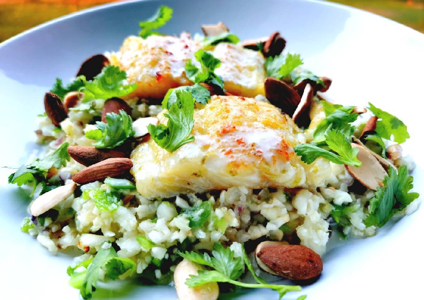 Bacalao con leche de coco, lima y arroz de coliflor en airfryer Ninja Foodie