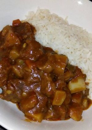 A picture of Rice and vegetable beef stew.