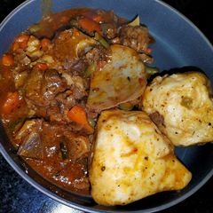 Beef vegitable stew with dombolo A picture of Beef vegitable stew with dombolo.
