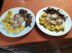 Una foto de Solomillo de cerdo con crema de boletus, tortellini y guarnición de setas