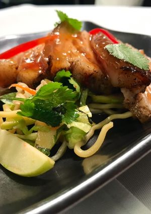 A picture of Roasted charsui pork belly with asian slaw.