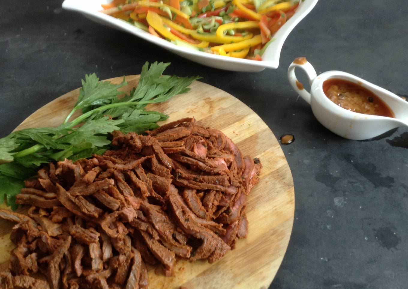Jamaican pulled beef with brown sauce and pickled veg