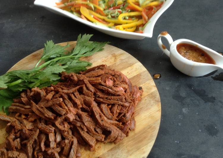 Easy Jamaican pulled beef with brown sauce and pickled veg