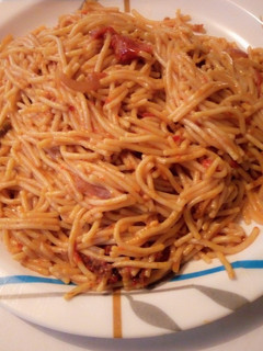 A picture of Jollof spaghetti.