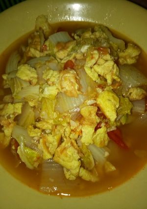 Foto resep Sawi putih telur orak arik pedas mantap! Simple!