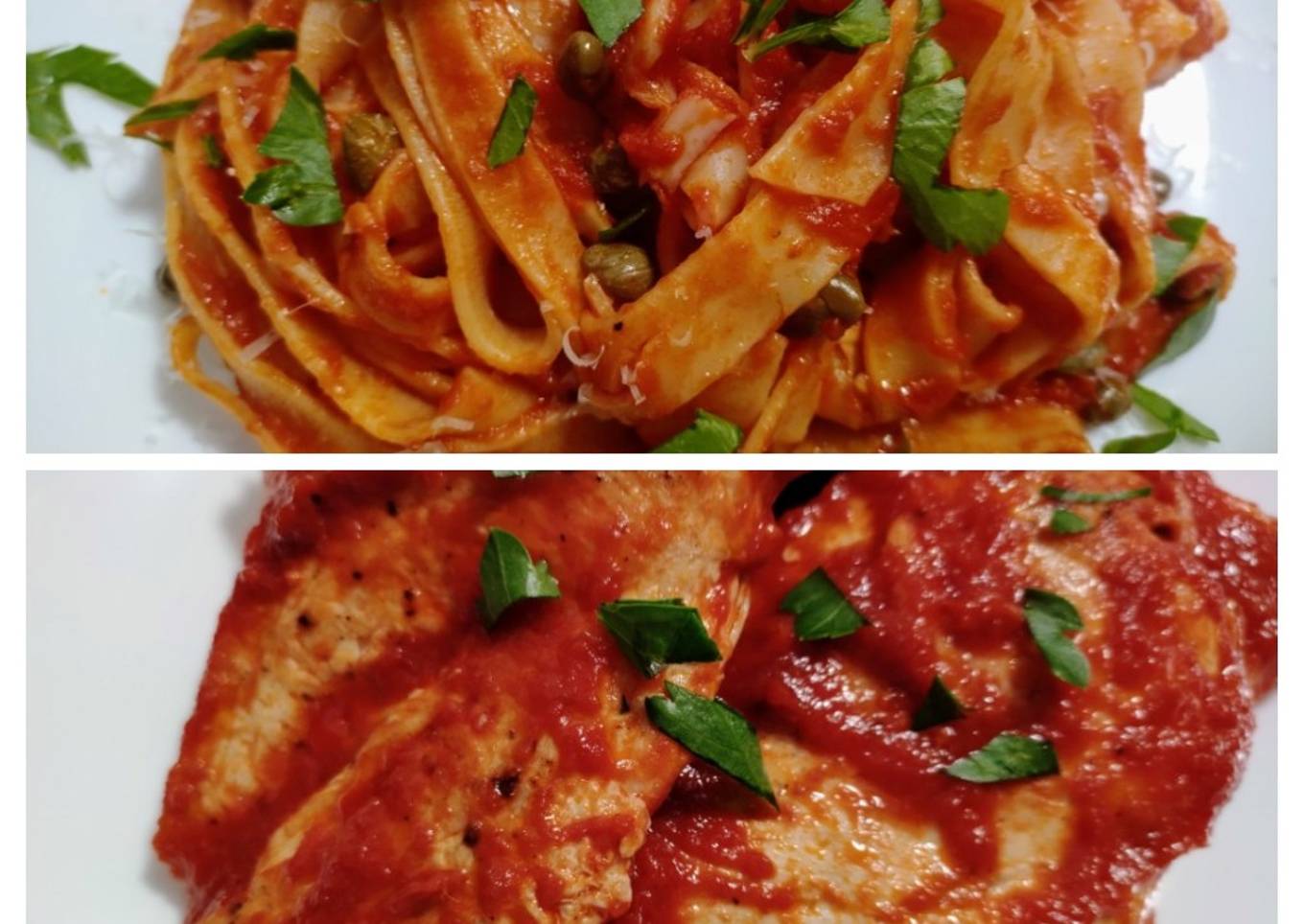 Pappardelle and chicken with tomato, garlic, and capers